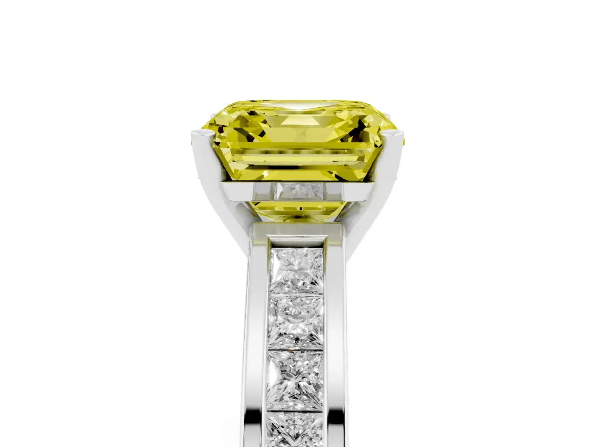 Fancy Yellow Asscher Cut Solitaire Diamond Ring with Channel-Set Band and Four-Prong Setting Silver