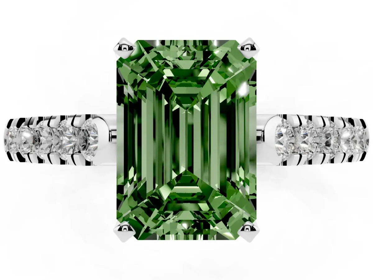 Fancy Green Emerald Cut Diamond Pavé Band Solitaire Ring with Prong Setting Platinum