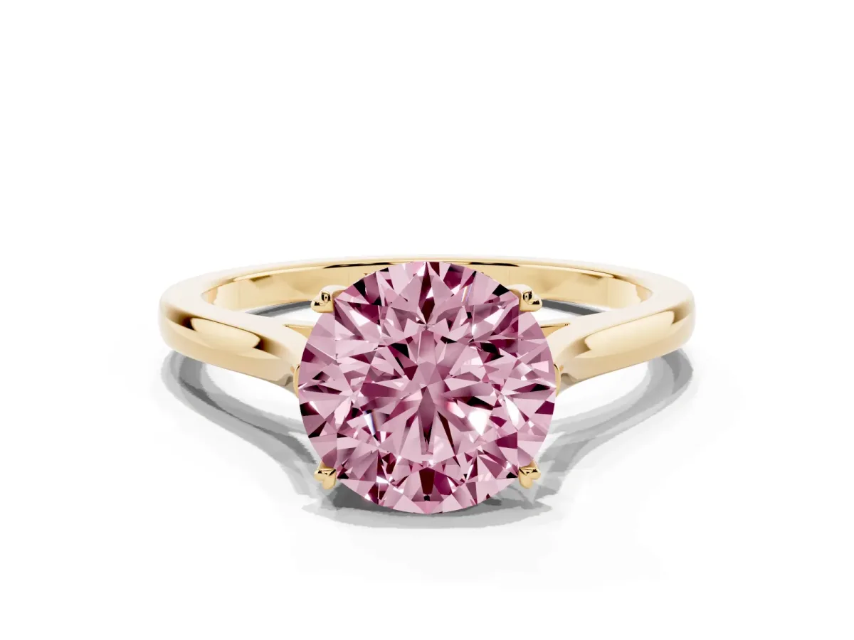 Fancy Pink Round Cut Solitaire Heart Prong Engagement Ring with Tapered Band Yellow gold