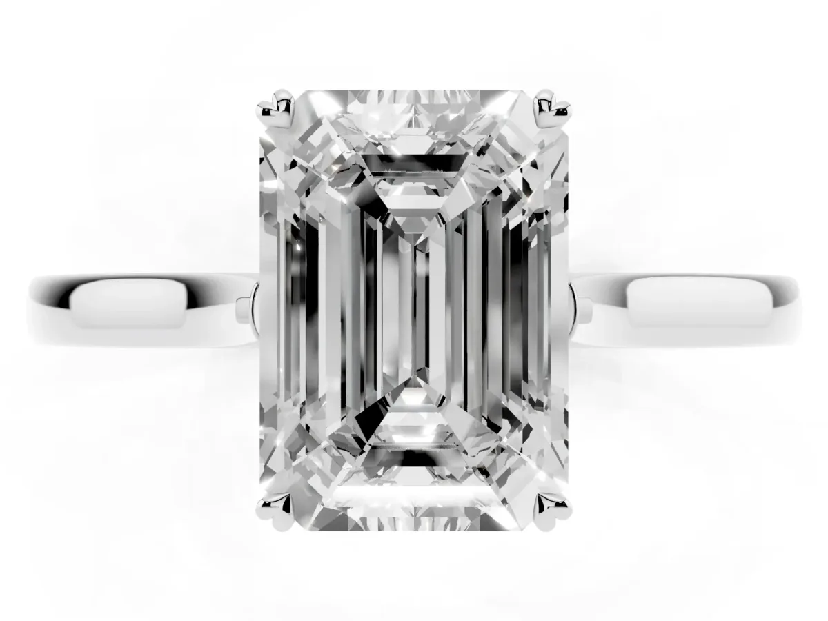 Emerald Cut Solitaire Heart Prong Engagement Ring with Tapered Band White gold