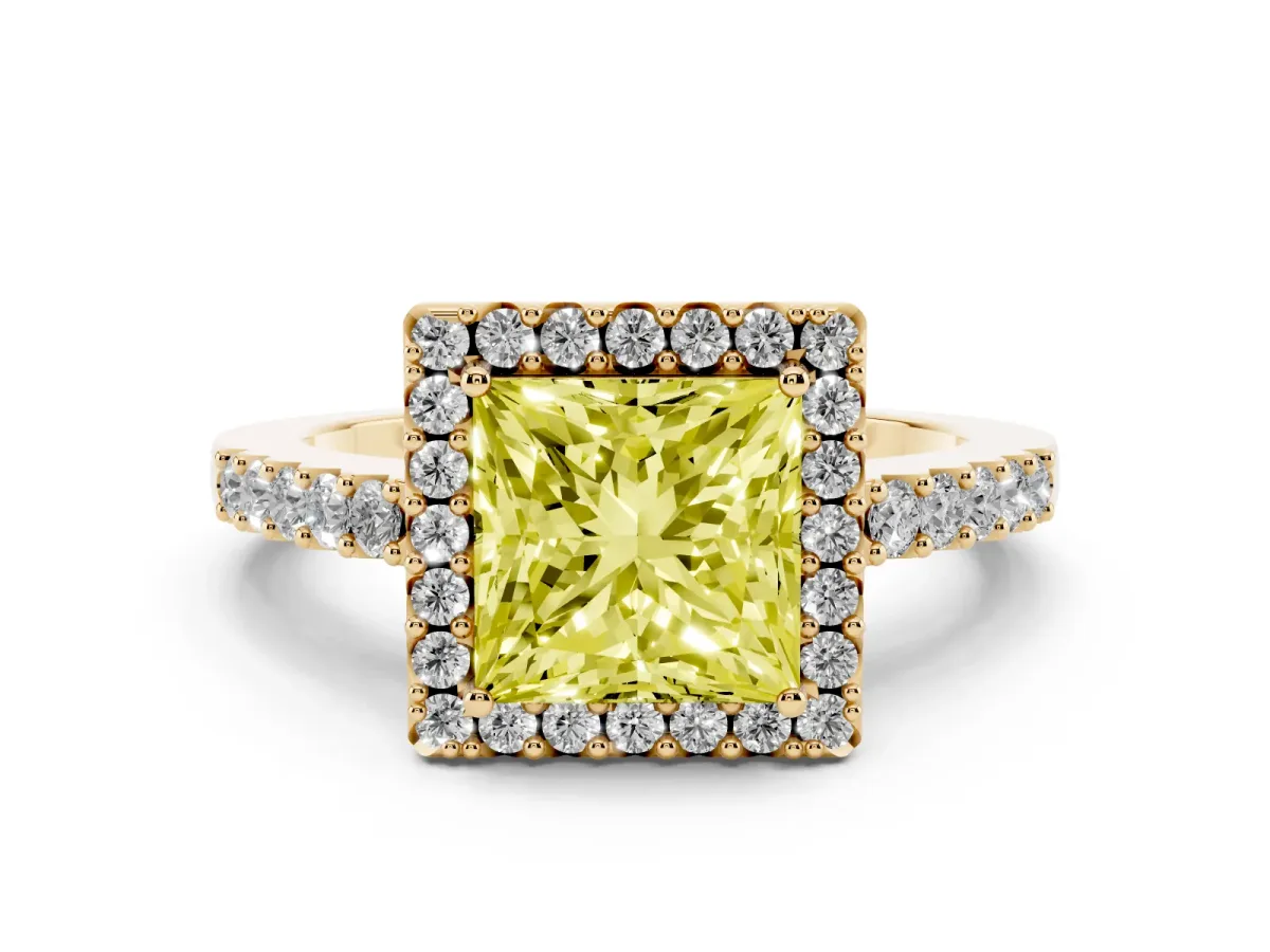 Fancy Yellow Princess Cut Halo Diamond Pavé Solitaire Ring Yellow gold