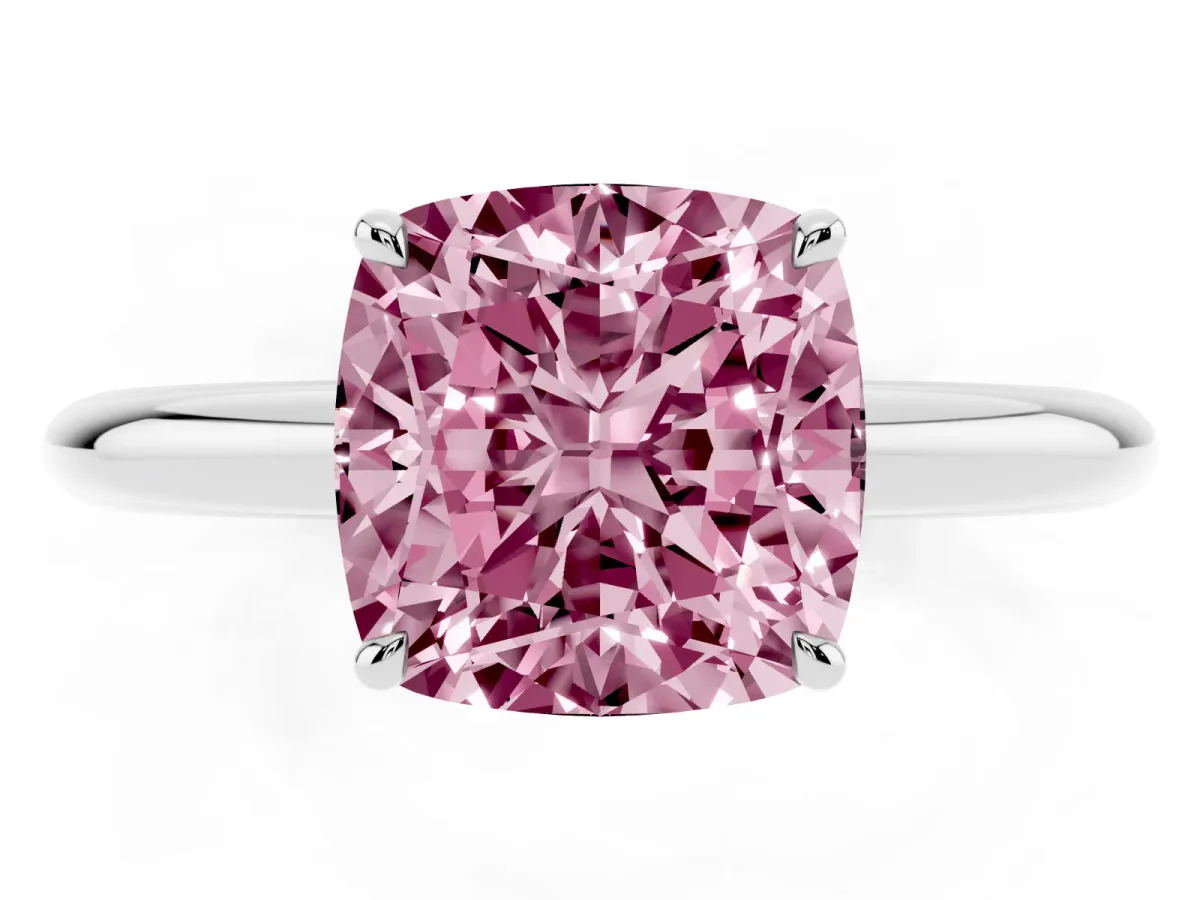 Fancy Pink Cushion Cut Brilliant Solitaire Engagement Ring with Six-Prong Setting and Classic Band Silver