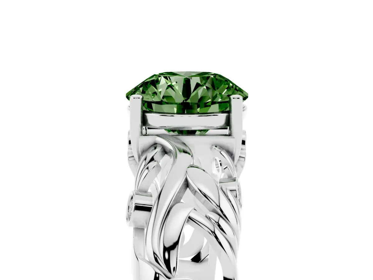 Fancy Green Round Cut Solitaire Diamond Leaf-Inspired Vine Band Ring with Prong Setting Platinum