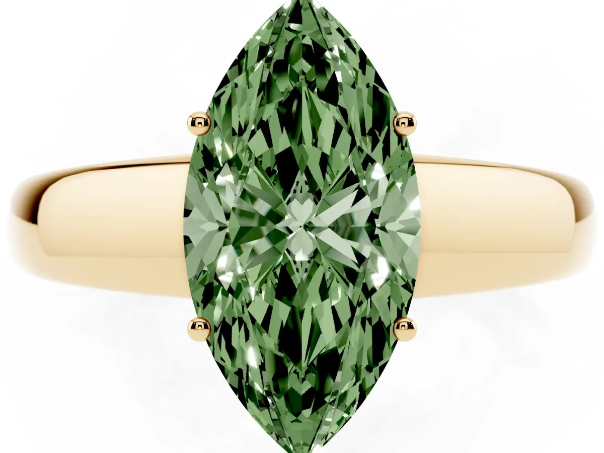 Fancy Green Marquise Cut Solitaire Diamond Ring with Tapered Band and Four-Prong Setting Yellow gold