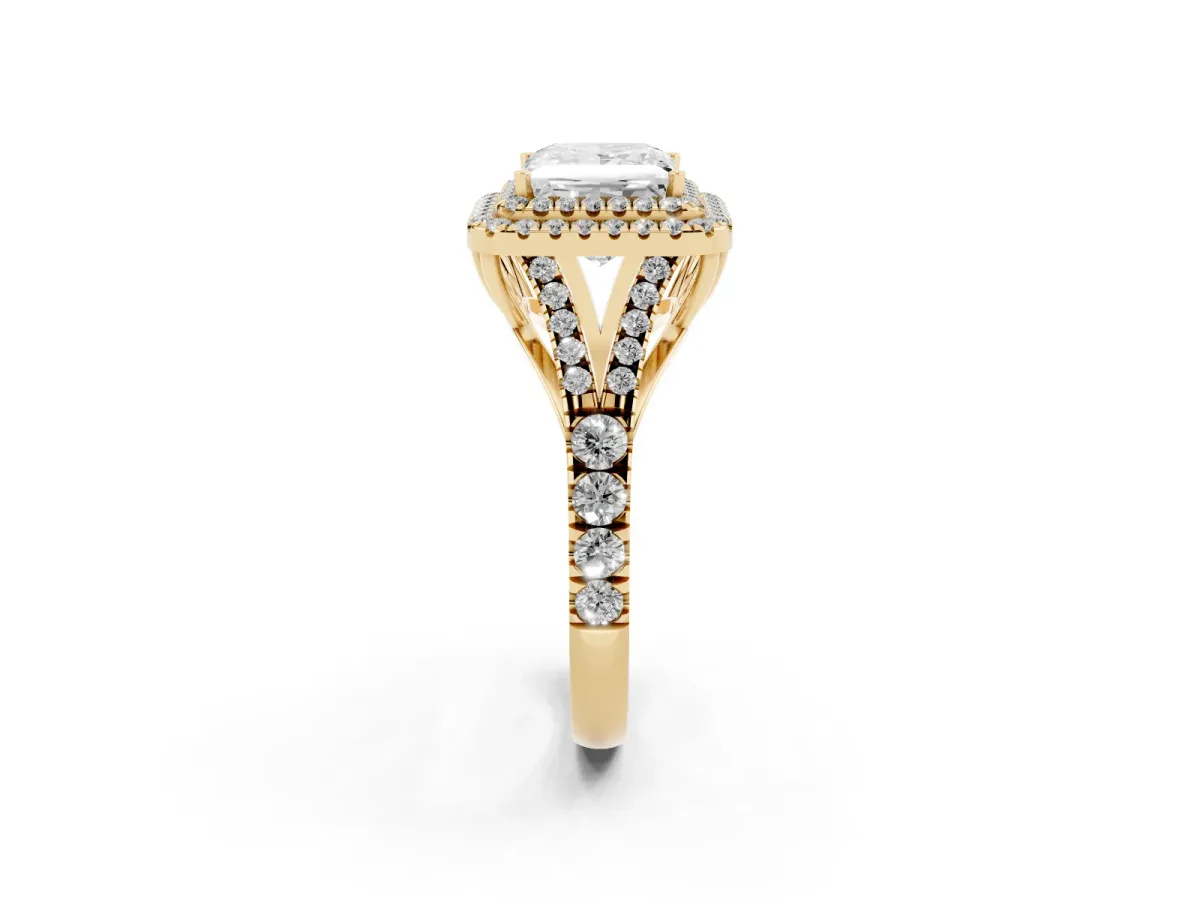 Princess Cut Cut Double Halo Split Shank Diamond Ring with Prong Setting Yellow gold