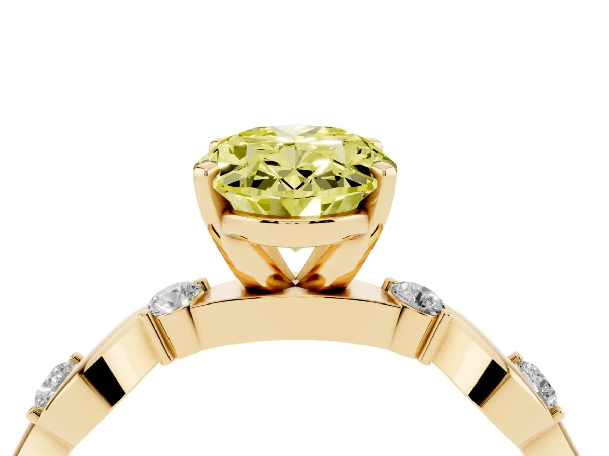 Fancy Yellow Oval Cut Diamond Solitaire Twisted Band with Round Accents and Prong Setting Yellow gold