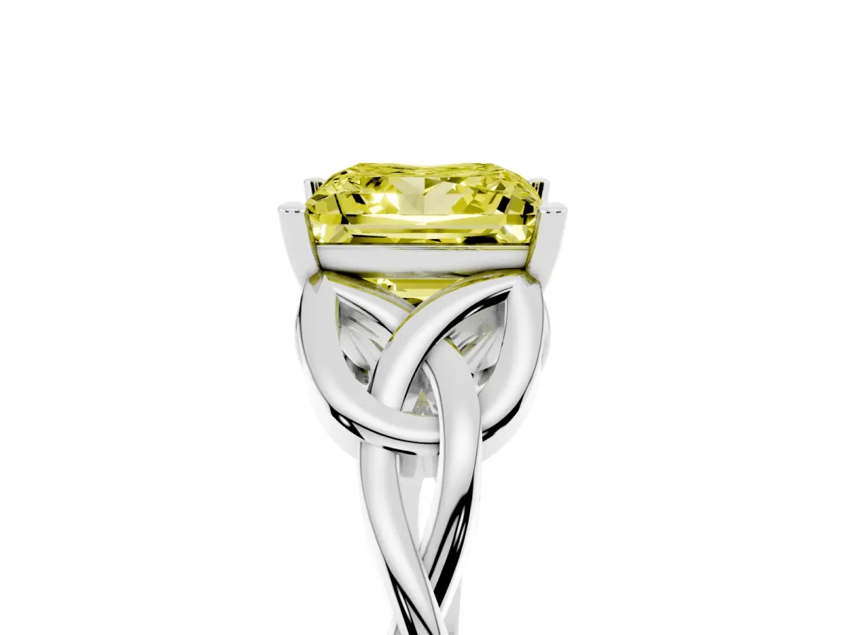 Fancy Yellow Princess Cut Diamond Solitaire Engagement Ring with Celtic Knot Band and Four-Prong Setting Silver