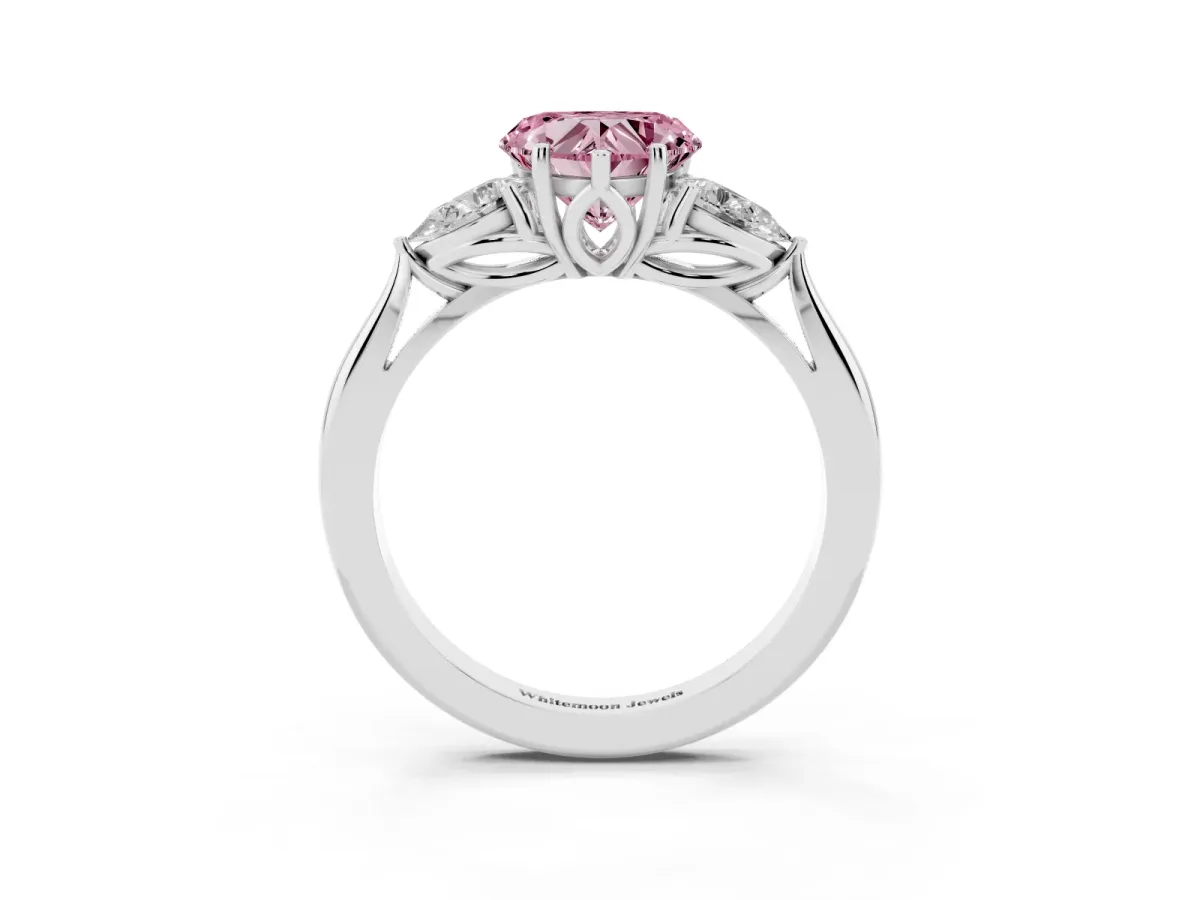 Fancy Pink Heart Cut Diamond Three-Stone Ring with Pear Side Stones and Prong Setting Silver