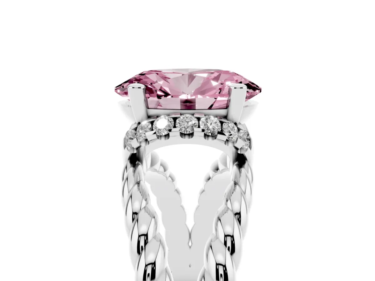 Fancy Pink Oval Cut Halo Twisted Band Four-Prong Ring Silver