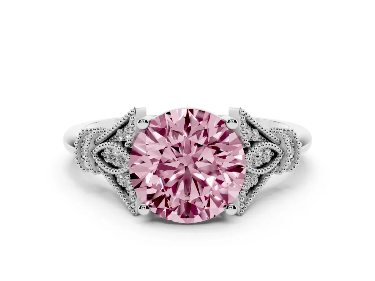Fancy Pink Round Cut Diamond Solitaire Ring with Floral Filigree and Pave Accents White gold