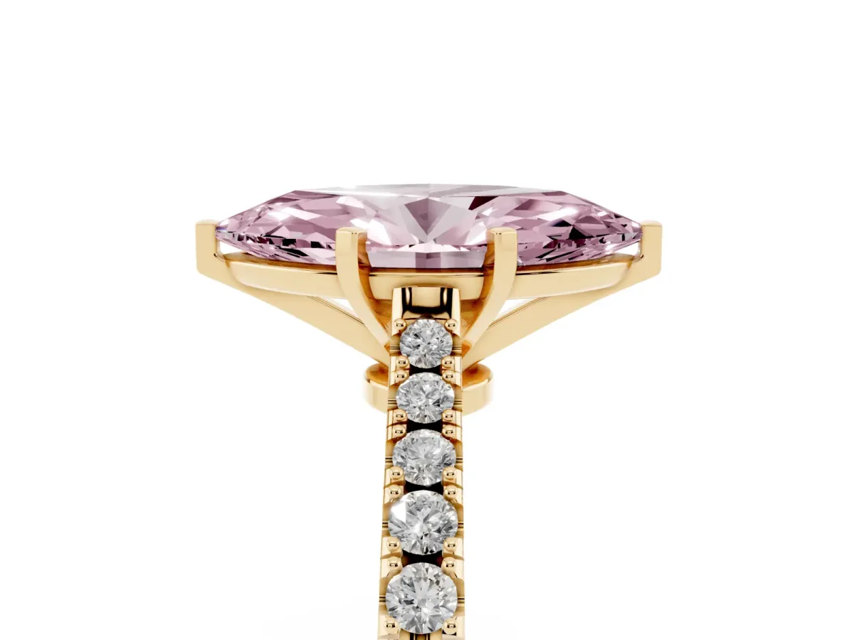 Fancy Pink Marquise Cut Cut Solitaire Diamond Engagement Ring with Pave Band and Four-Prong Setting Yellow gold