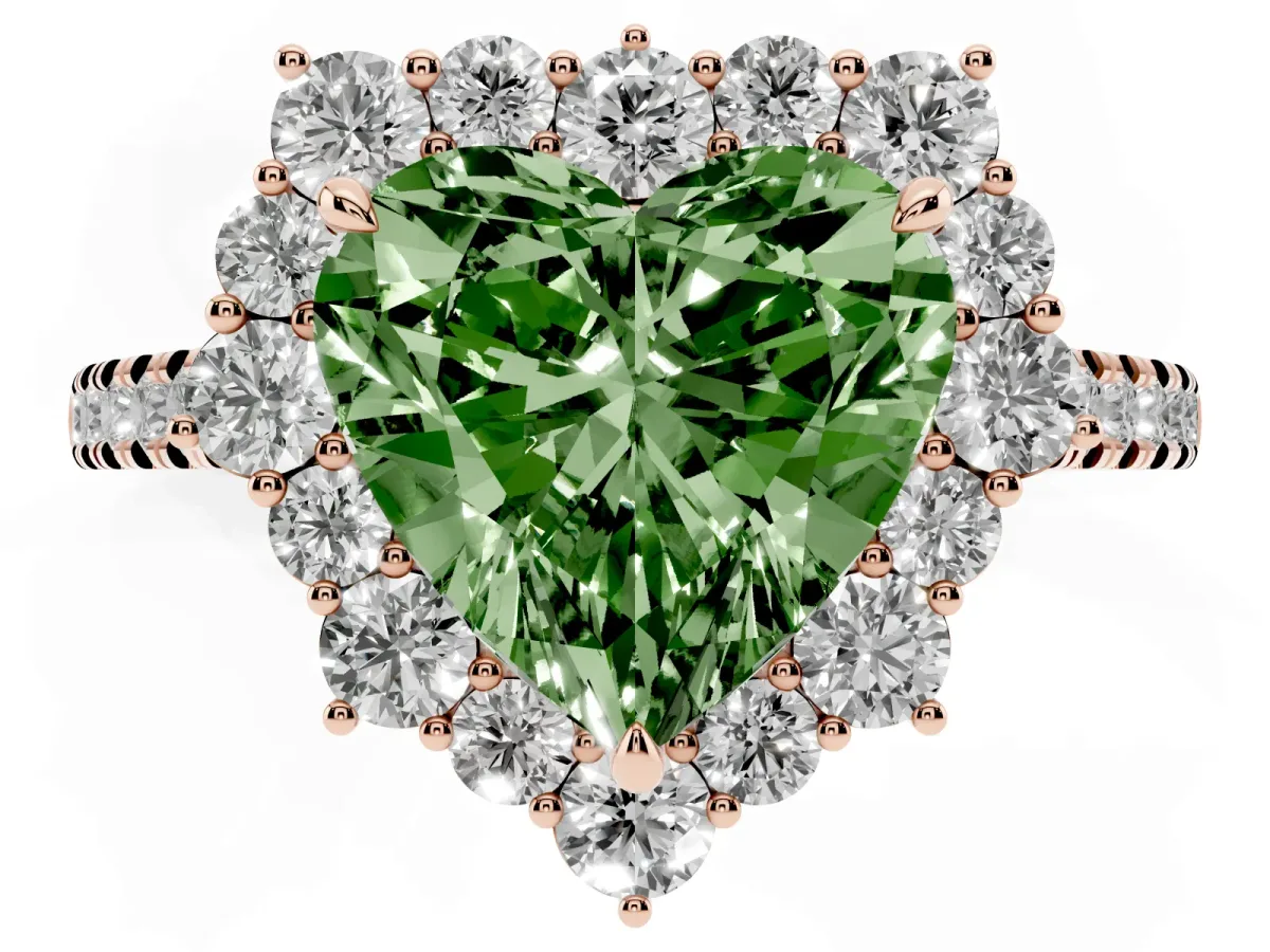 Fancy Green Heart Cut Halo Diamond Ring with Pavé Band and Prong Setting Rose gold