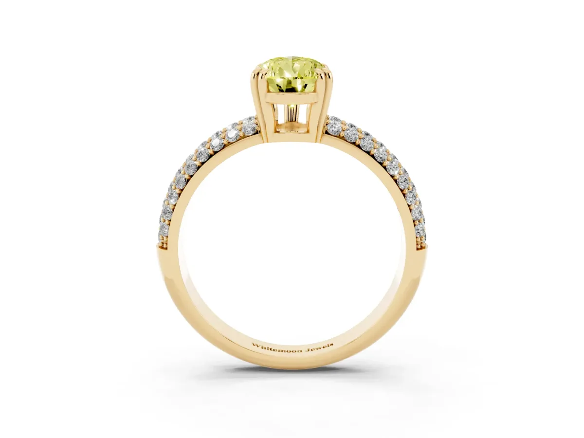 Fancy Yellow Pear Cut Diamond Solitaire Ring with Multi-Row Round Pavé Band and Prong Setting Yellow gold