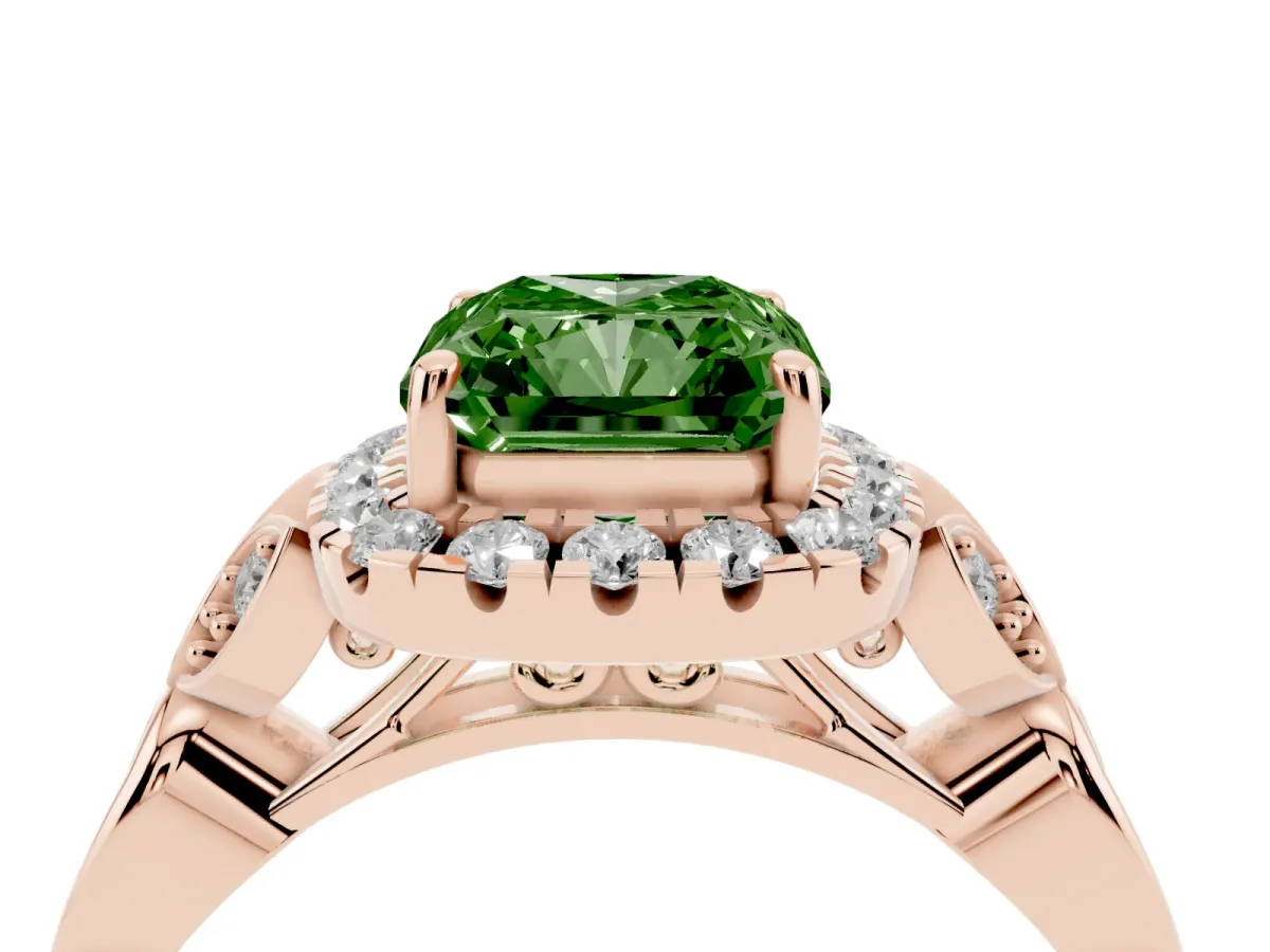 Fancy Green Radiant Cut Halo Diamond Engagement Ring with Vintage-Inspired Band and Four-Prong Setting Rose gold