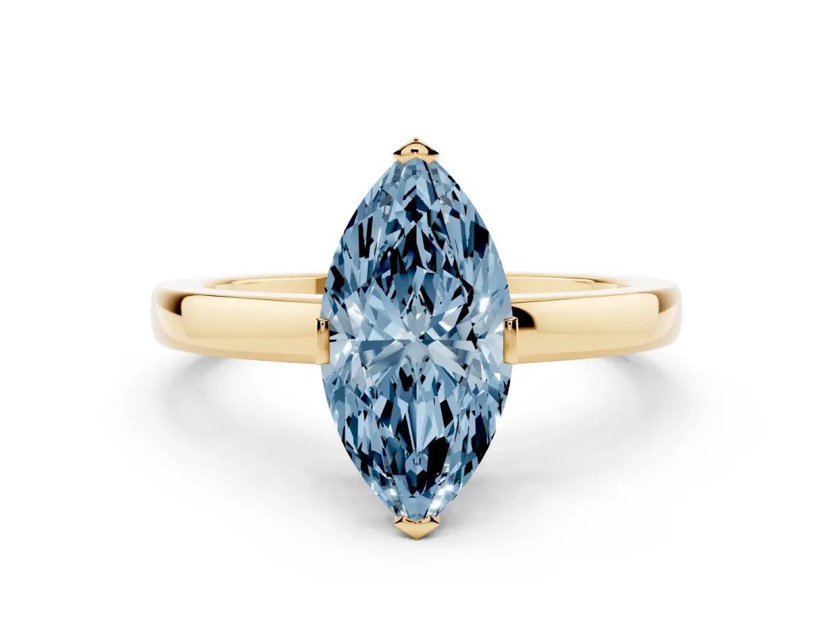 Fancy Blue Marquise Cut Cut Solitaire Ring with Four-Prong Setting and Classic Band Yellow gold