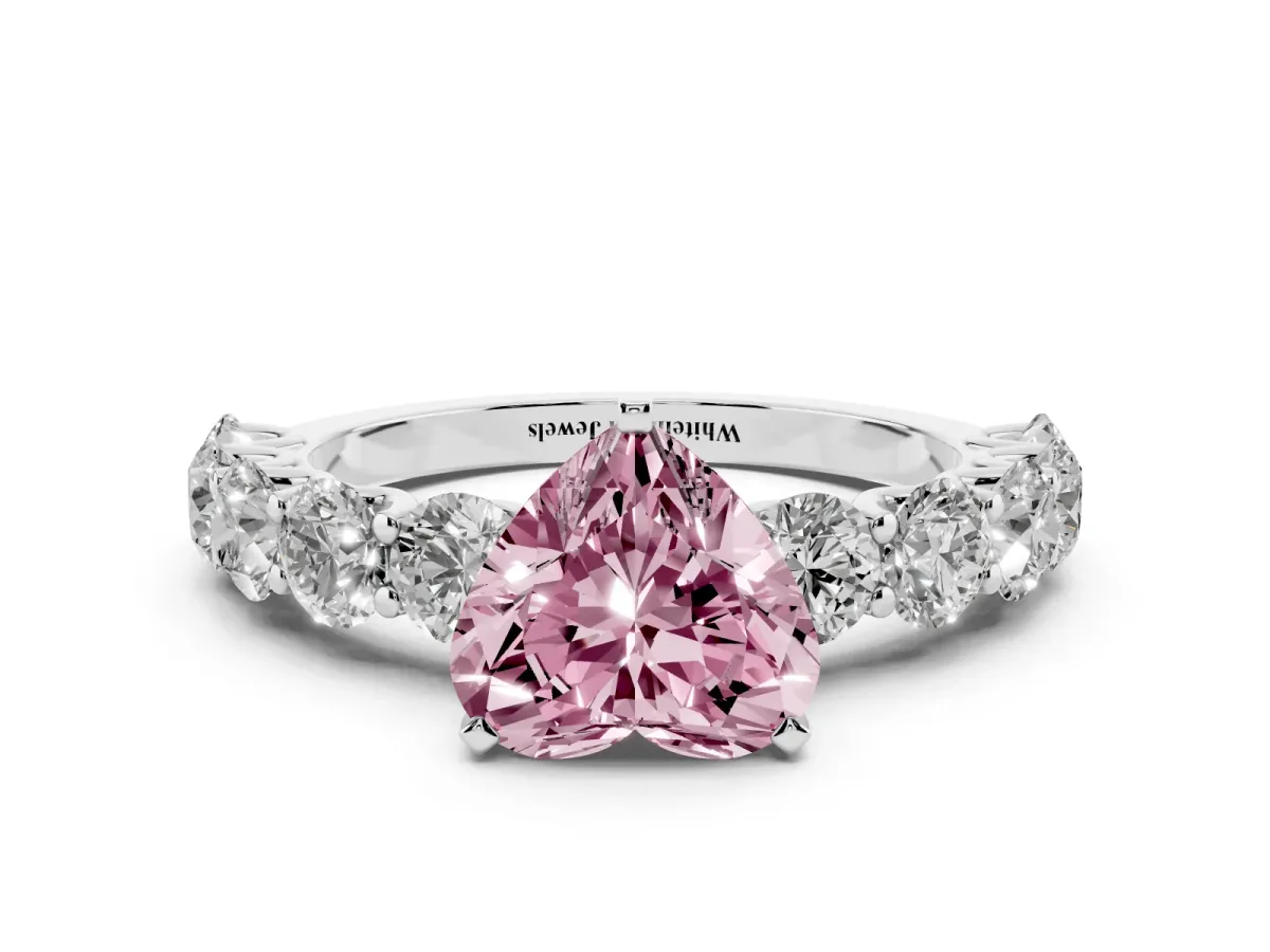 Fancy Pink Heart Cut Diamond Prong Setting with Side Stones on a Pave Band Silver
