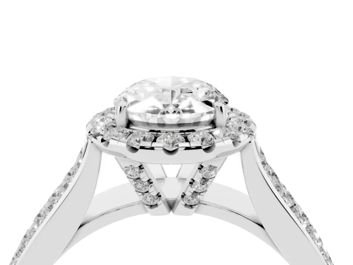 Oval Cut Halo Round Diamond Pave Band with Prong Setting White gold