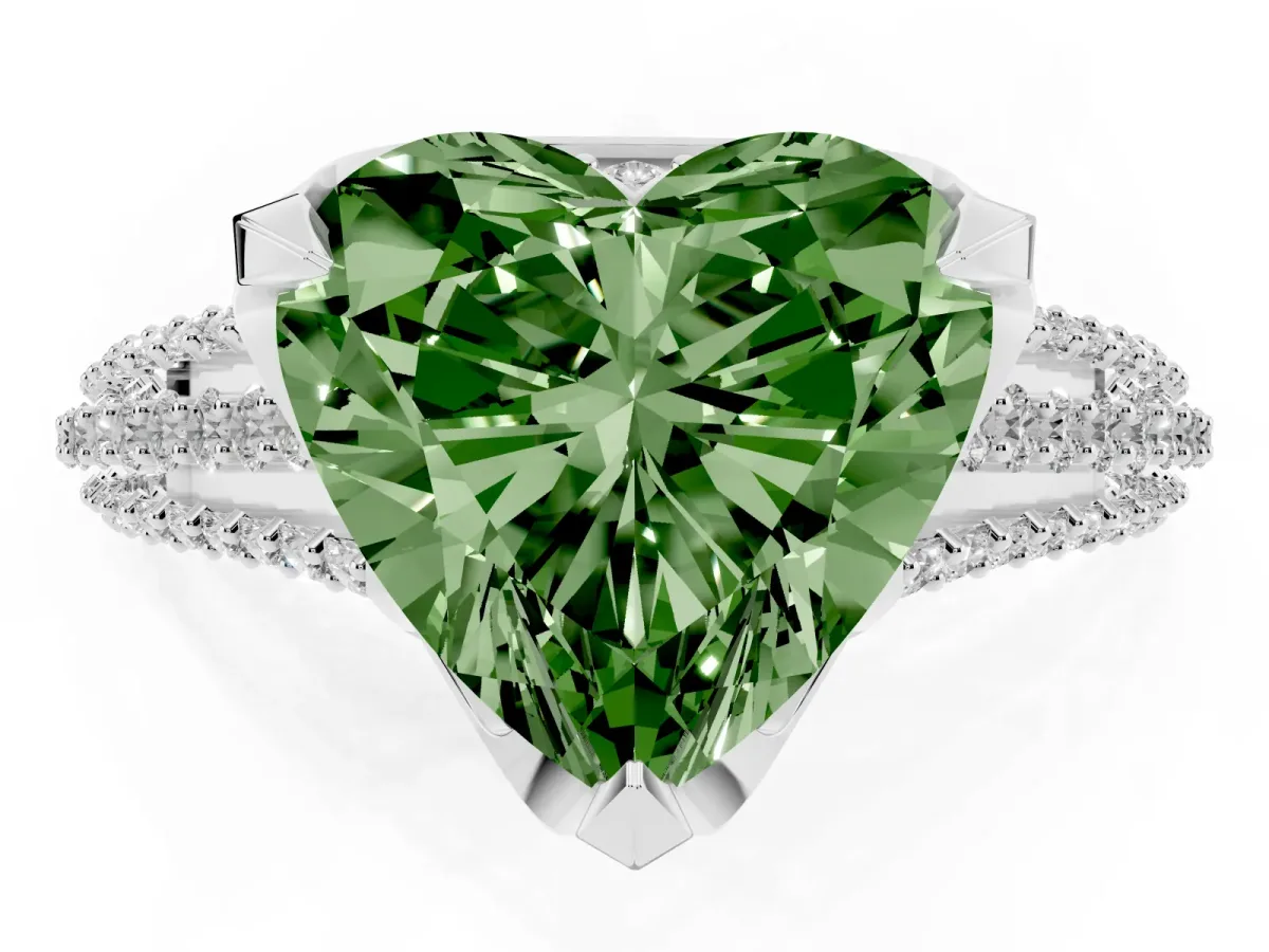 Fancy Green Heart Cut Solitaire Pave Split Shank Ring with Four-Prong Setting Silver