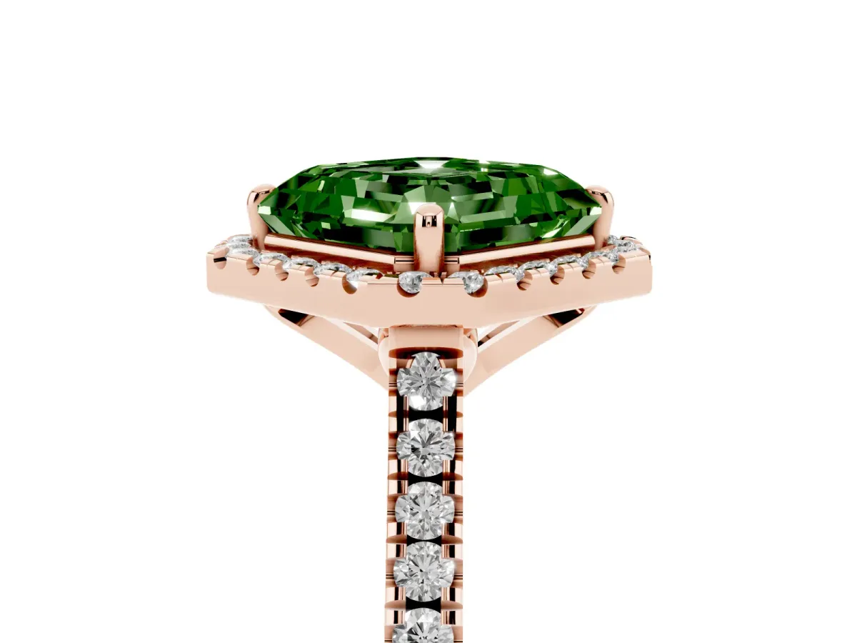 Fancy Green Asscher Cut Diamond Cushion Halo Ring with Pavé Band Rose gold