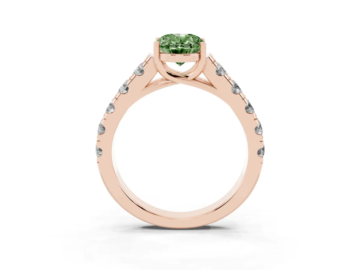 Fancy Green Oval Cut Cut Diamond Solitaire Ring with Micro Pave Band and Prong Setting Rose gold