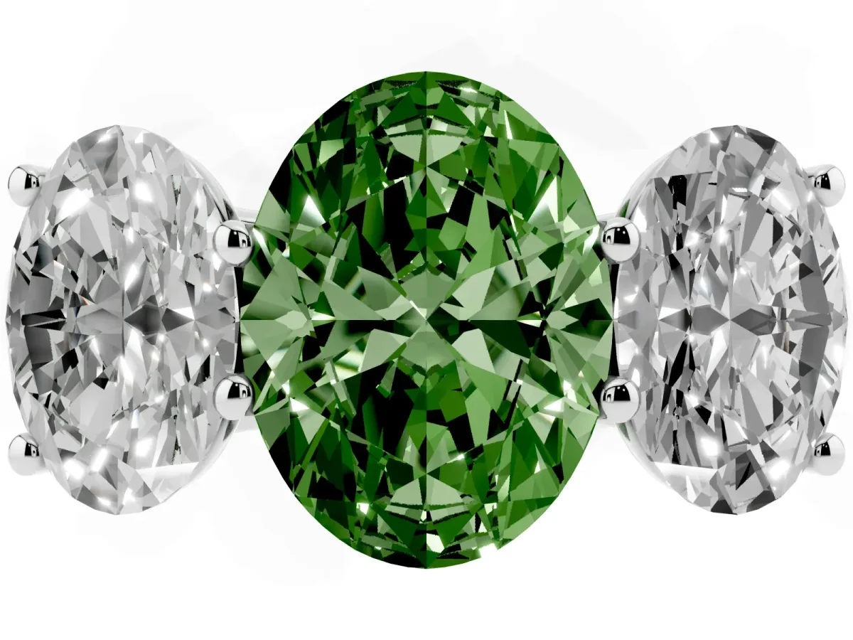 Fancy Green Oval Cut Three-Stone Diamond Ring with Prong Setting on a Classic Band Platinum