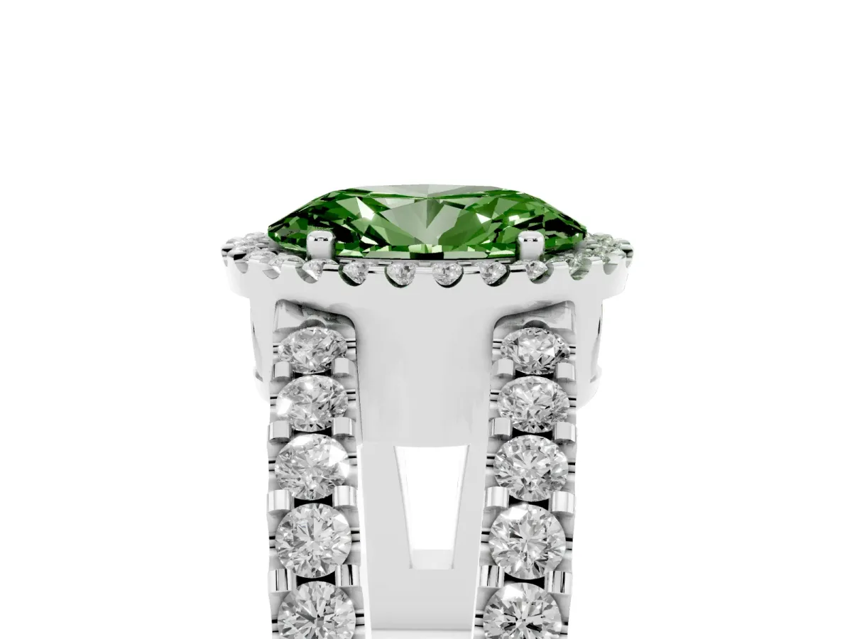 Fancy Green Oval Cut Cut Halo Split Shank Diamond Ring with Four-Prong Setting Platinum