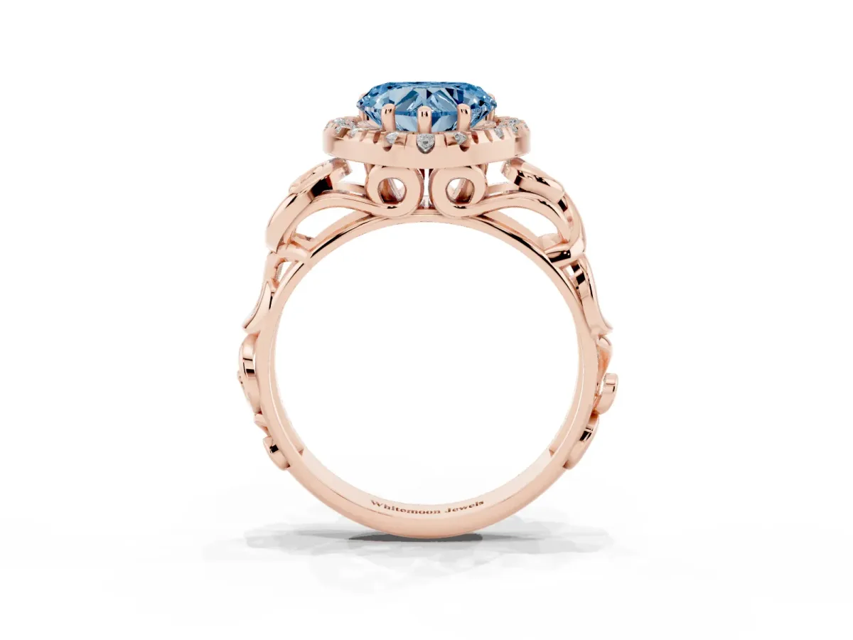 Fancy Blue Heart Cut Cut Halo Diamond Ring with Scrollwork Band and Four-Prong Setting Rose gold