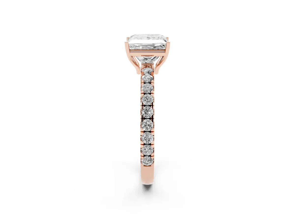 Princess Cut Diamond Pavé Solitaire Engagement Ring with Four-Prong Setting Rose gold