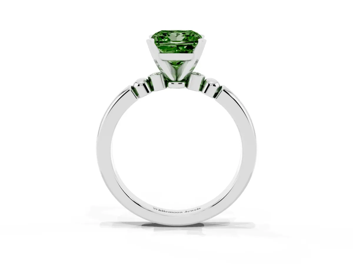 Fancy Green Princess Cut Solitaire Beaded Band with Four-Prong Setting Silver