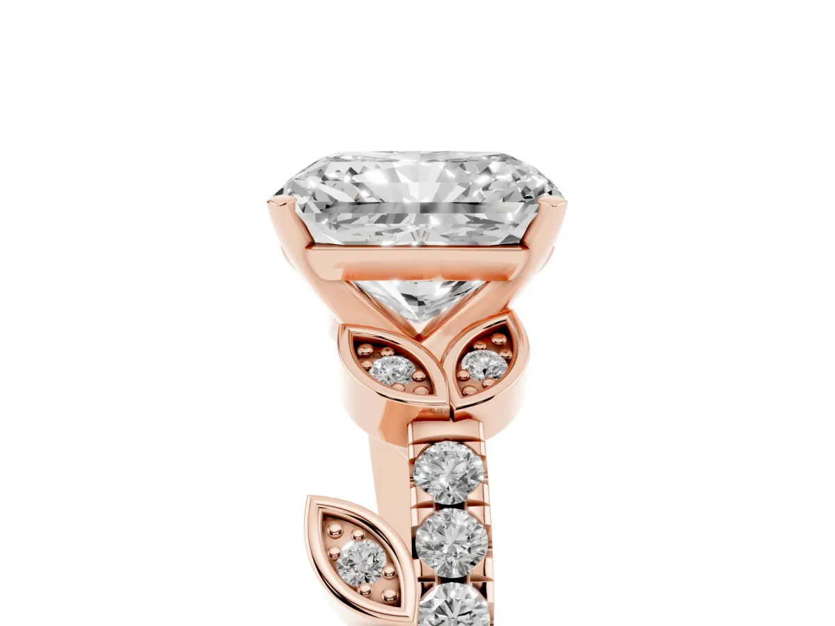 Radiant Cut Solitaire Leaf-Inspired Diamond Ring with Pavé Band and Four-Prong Setting Rose gold