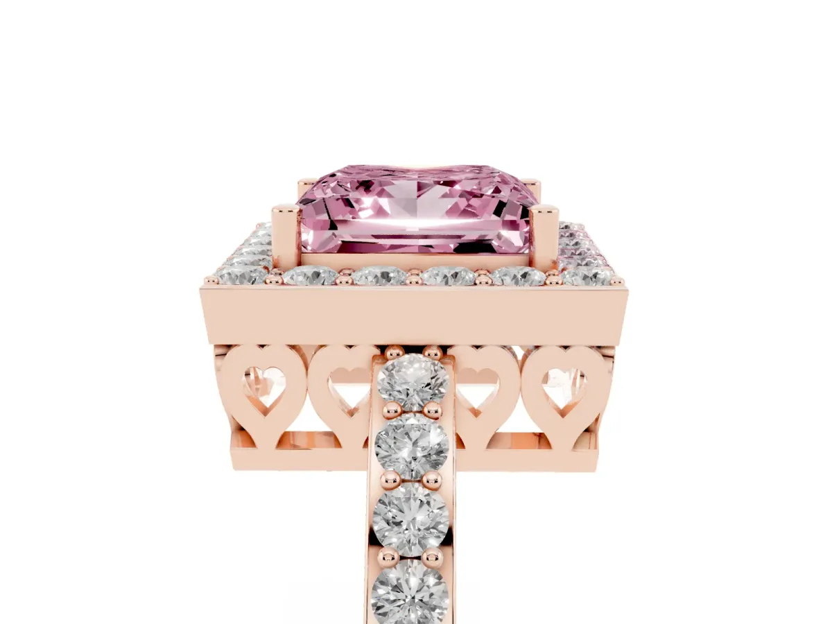 Fancy Pink Princess Cut Halo Diamond Pavé Band Ring with Prong Setting Rose gold