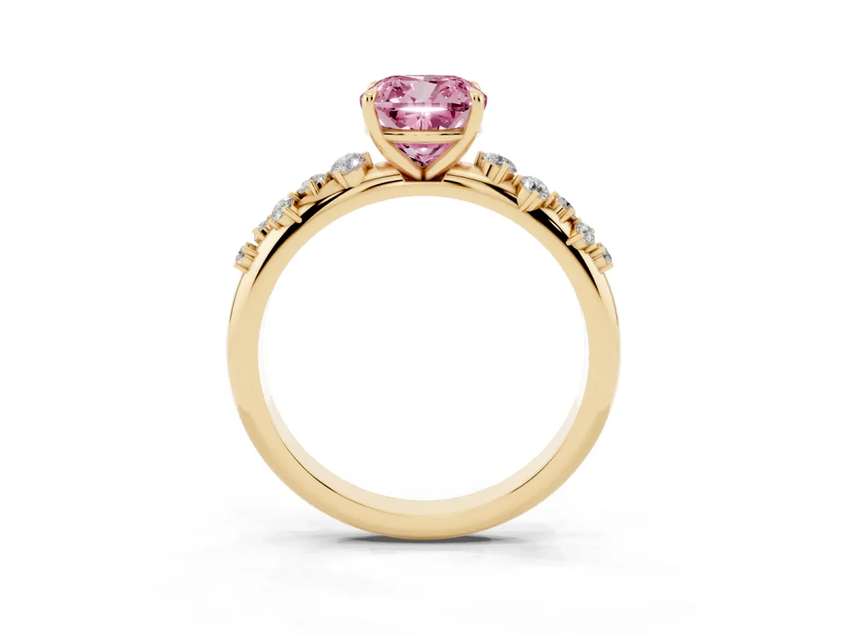 Fancy Pink Cushion Cut Diamond Cluster Prong-Set Solitaire Ring Yellow gold