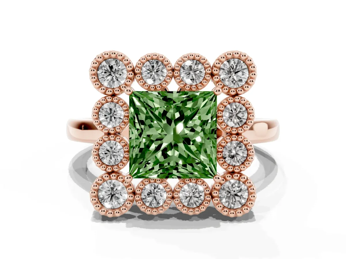 Fancy Green Princess Cut Halo Diamond Cluster Engagement Ring with Milgrain Bezel Setting and Solitaire Band Rose gold