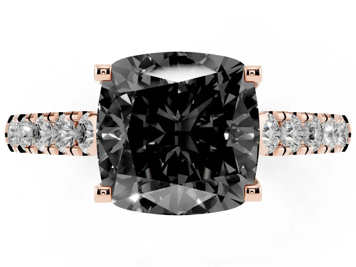 Fancy Black Cushion Cut Diamond Pavé Band Solitaire Ring with Prong Setting Rose gold