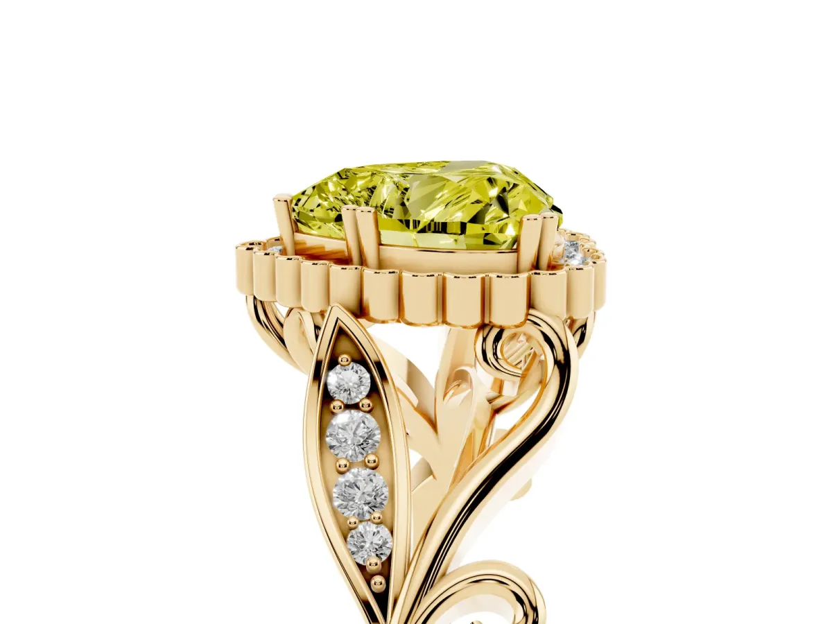 Fancy Yellow Heart Cut Diamond Halo Ring with Vintage Split Shank and Four-Prong Setting Yellow gold