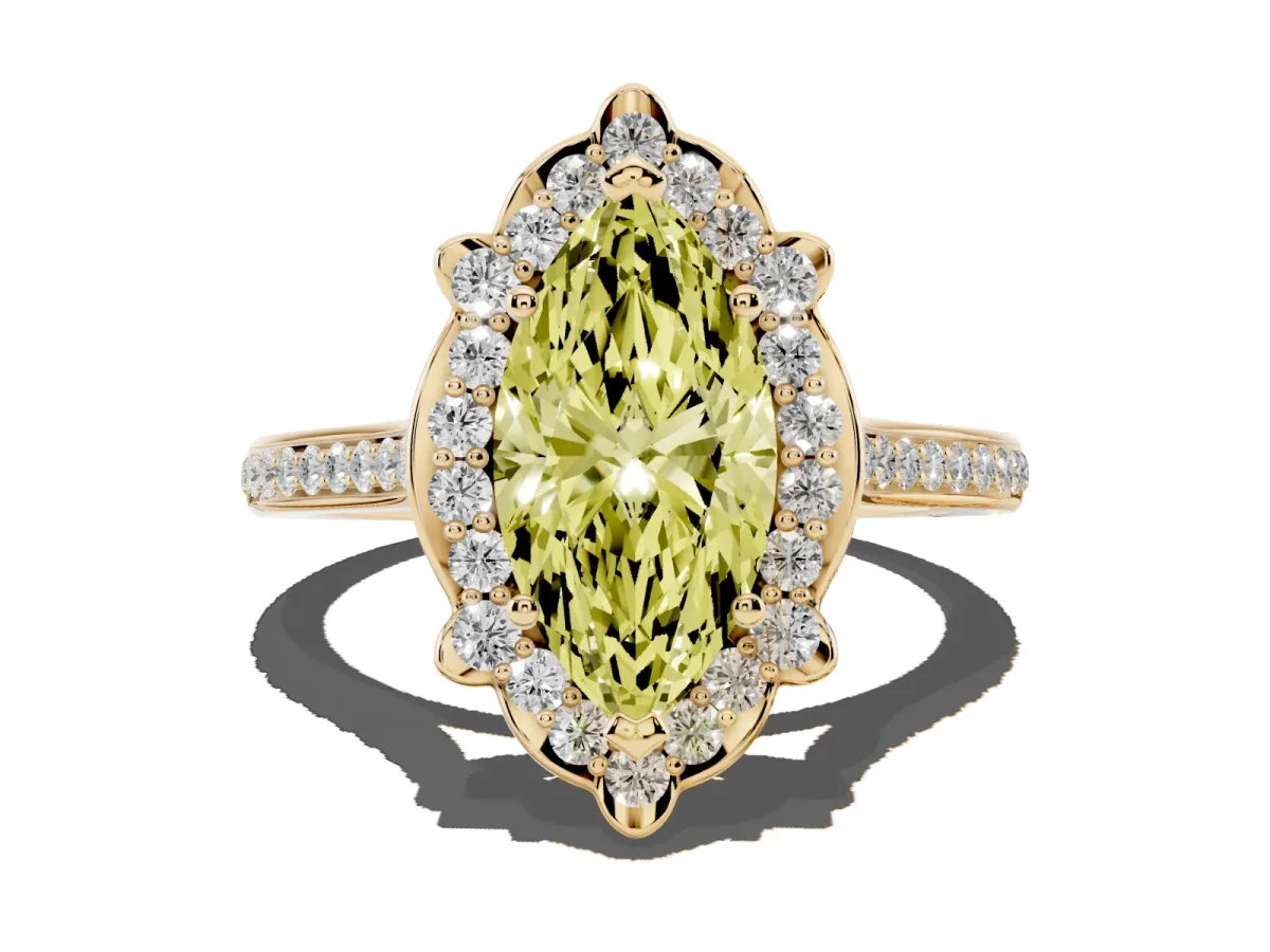 Fancy Yellow Marquise Cut Halo Round Diamond Pave Band with Four-Prong Setting Yellow gold
