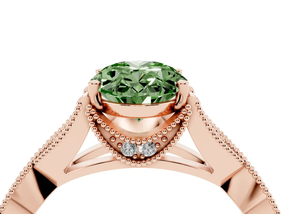 Fancy Green Oval Cut Cut Diamond Twisted Band with Milgrain Pave Setting and Four-Prong Setting Rose gold