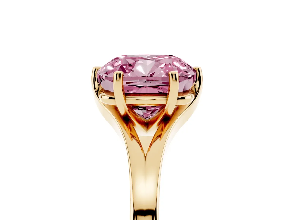 Fancy Pink Cushion Cut Solitaire Diamond Ring with Six-Prong Setting and Tapered Band Yellow gold