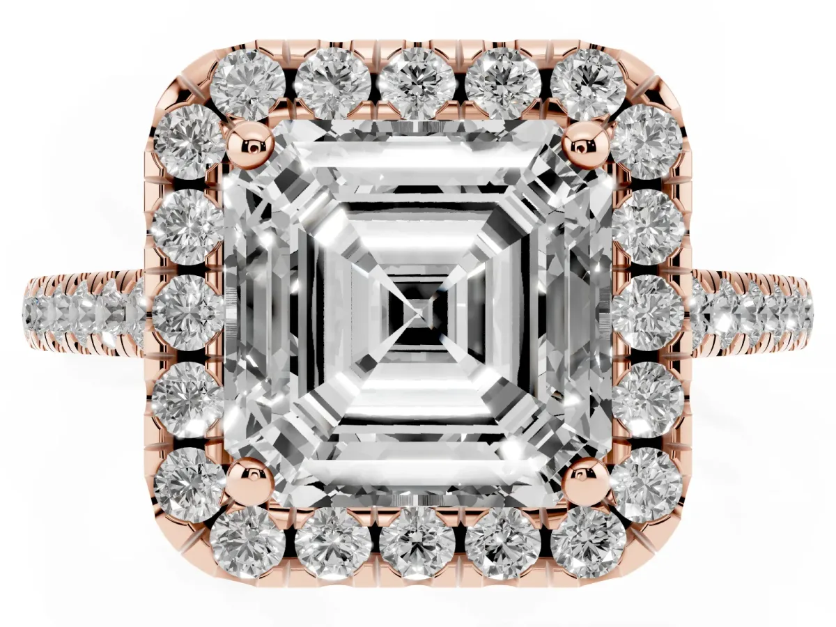 Asscher Cut Halo Pavé Diamond Engagement Ring with Four-Prong Setting Rose gold