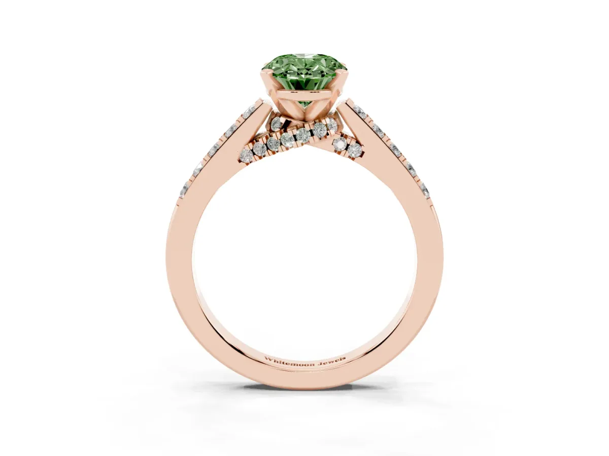 Fancy Green Oval Cut Diamond Solitaire Ring with Crossover Gallery and Round Pavé Band Rose gold