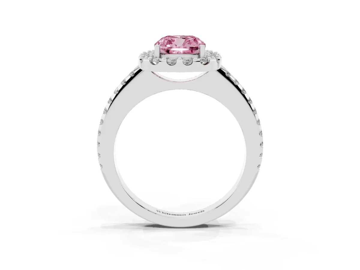 Fancy Pink Cushion Cut Diamond Pavé Halo Ring with Four-Prong Setting Silver