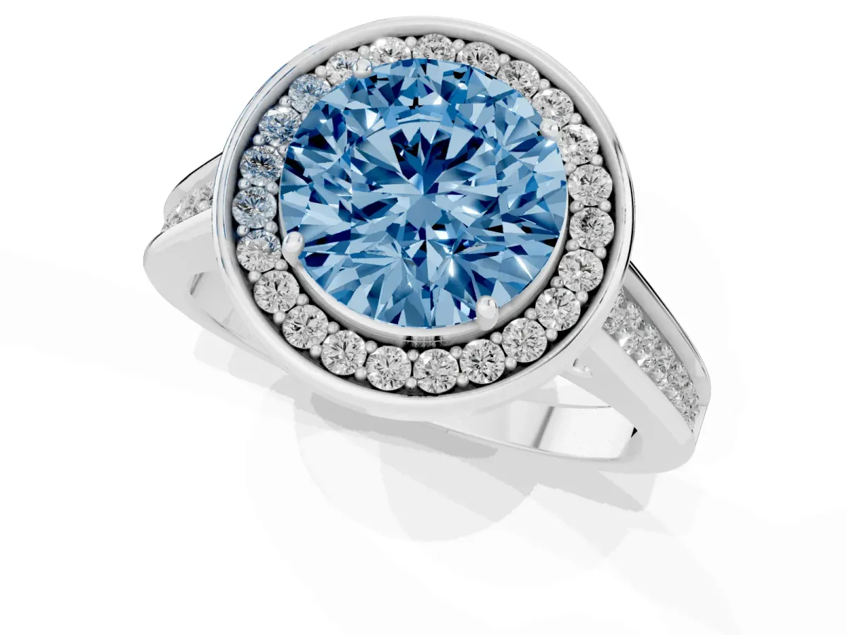 Fancy Blue Round Cut Halo Solitaire Diamond Ring with Pave Band and Bezel Setting Silver