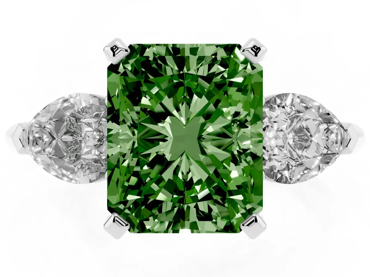 Fancy Green Three-Stone Radiant Cut Diamond Ring with Pear Side Stones and Four-Prong Setting Silver