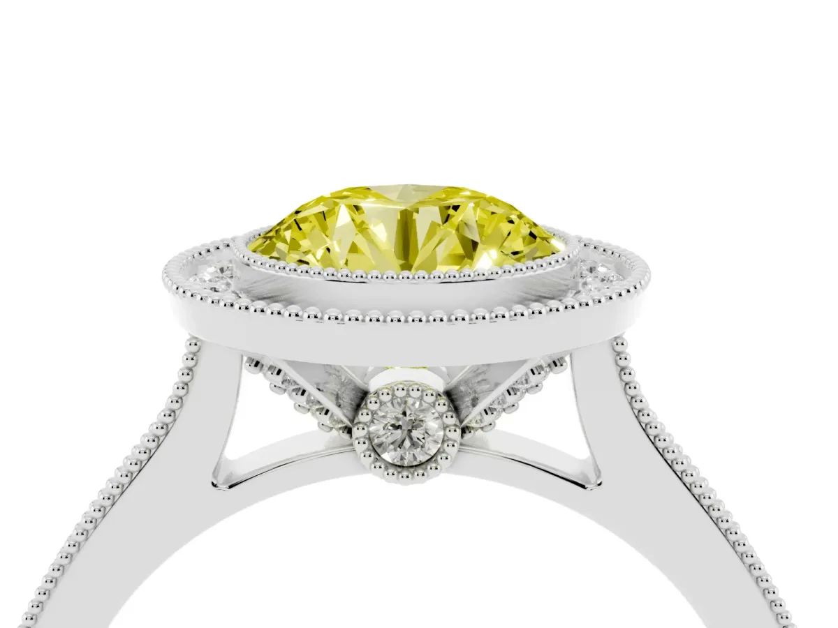 Fancy Yellow Halo Round Cut-Cut Diamond Pave Band Milgrain Prong Setting Ring Silver