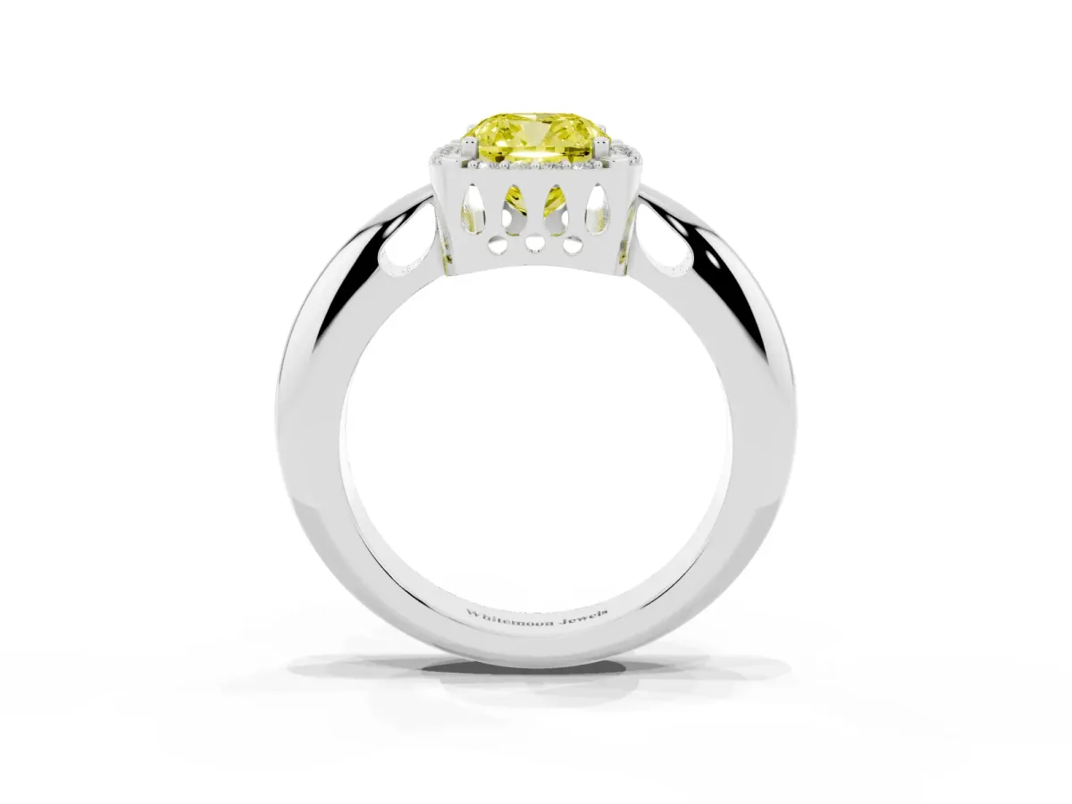 Fancy Yellow Cushion Cut Cut Diamond Halo Engagement Ring with Split Shank and Four-Prong Setting Platinum
