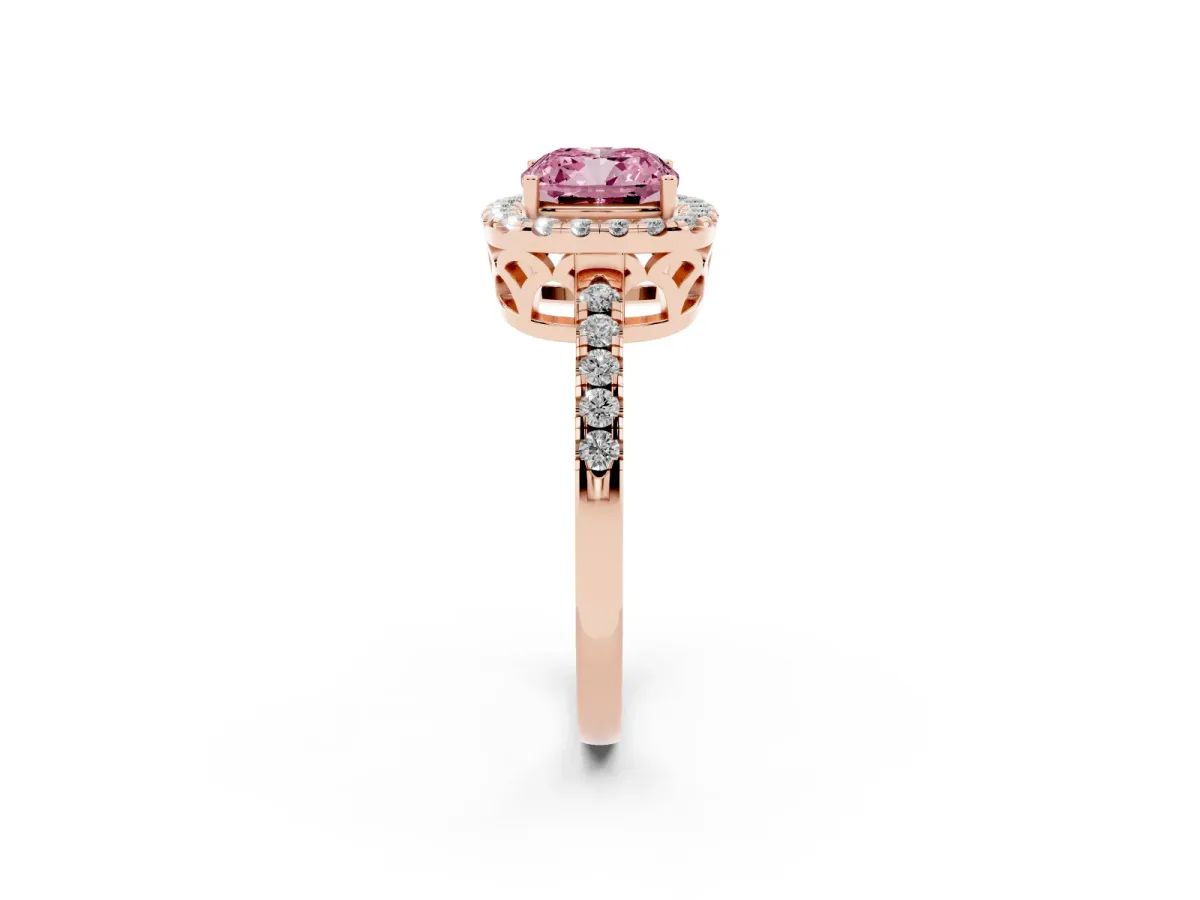 Fancy Pink Cushion Cut Halo Diamond Engagement Ring with Pavé Band and Four-Prong Setting Rose gold