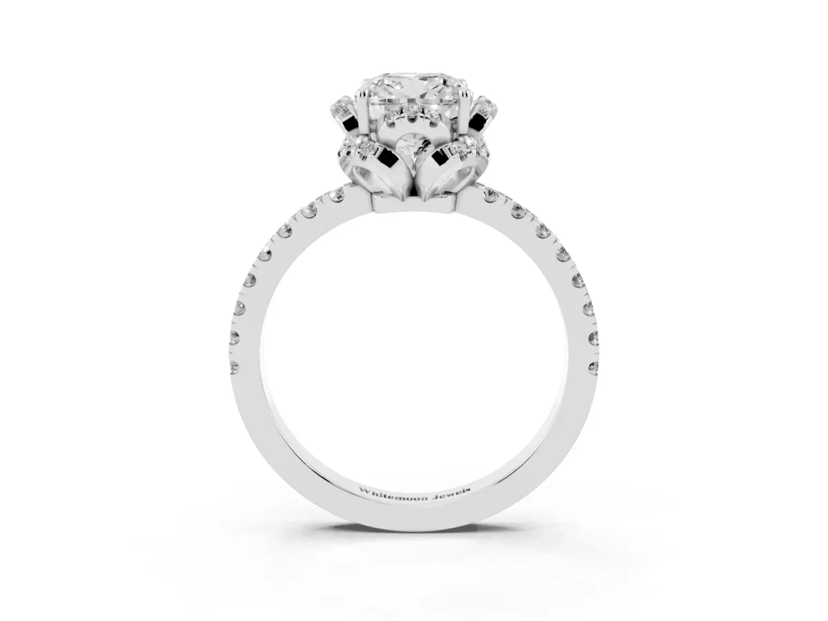Cushion Cut Diamond Halo Pave Band with Four-Prong Setting Silver