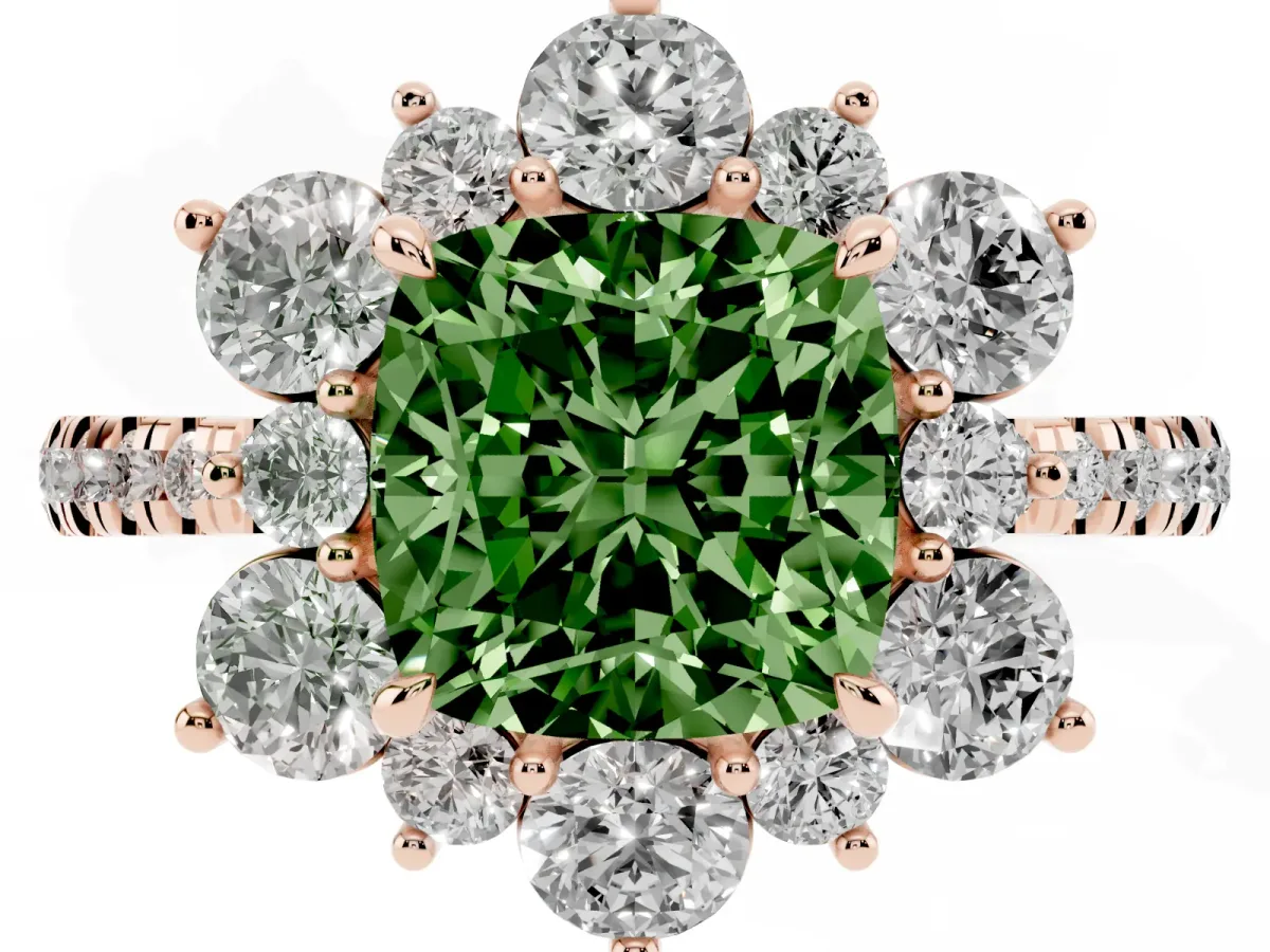 Fancy Green Cushion Cut Diamond Floral Halo Ring with Round Pavé Band and Prong Setting Rose gold