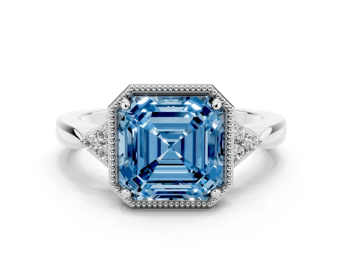 Fancy Blue Asscher Cut Diamond Halo Ring with Tapered Band and Four-Prong Setting White gold