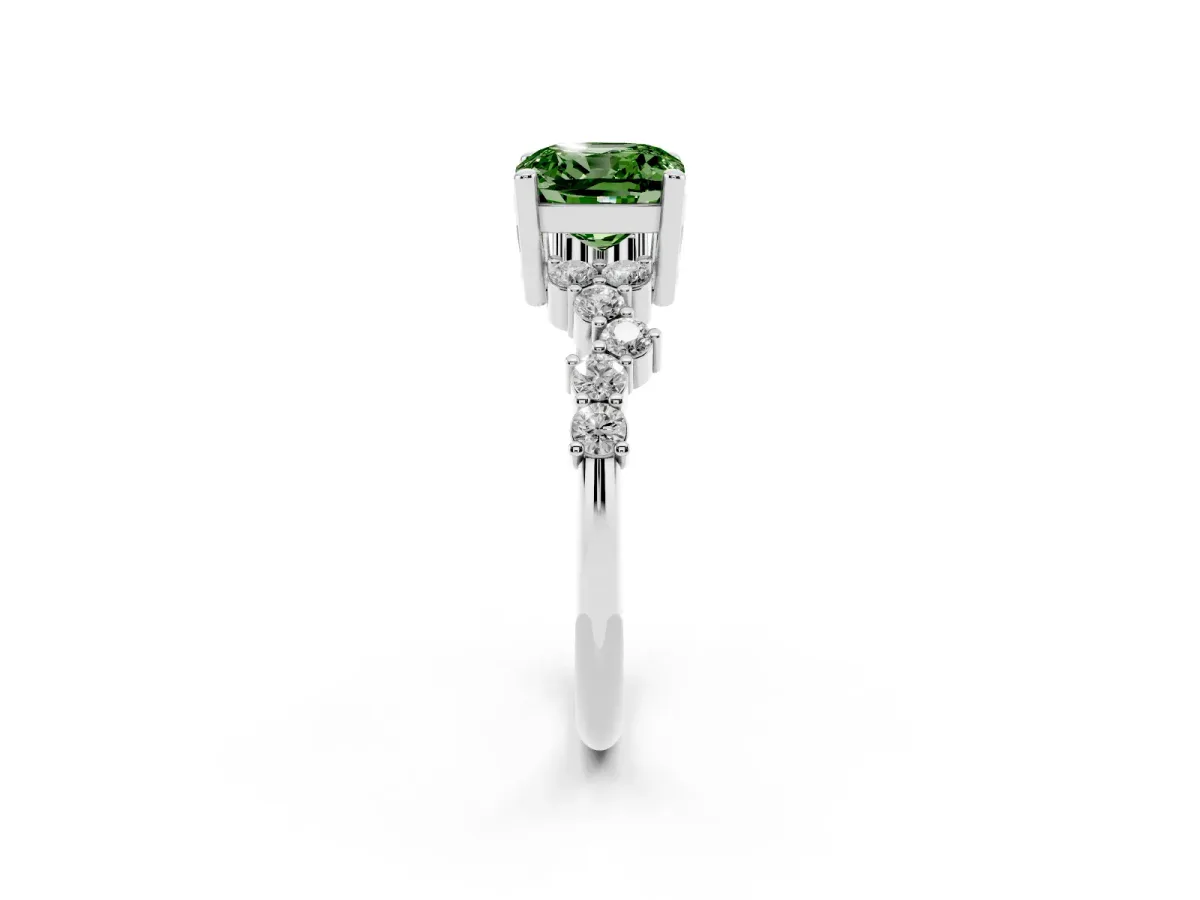Fancy Green Cushion Cut Diamond Scattered Round Accent Ring with Prong Setting White gold